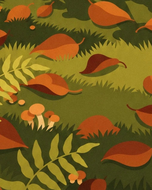 Russet leaves, ferns and small orange mushrooms on the grassy ground