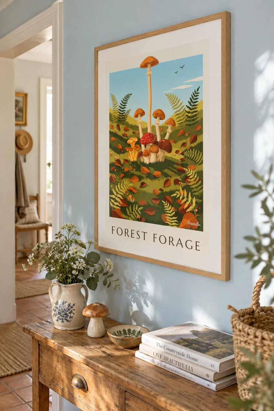 Naturalist plate poster of woodland mushrooms: framed on the wall