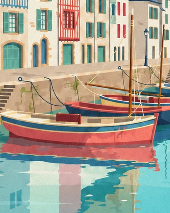 The red boat with blue trim and its reflections in the turquoise harbour water