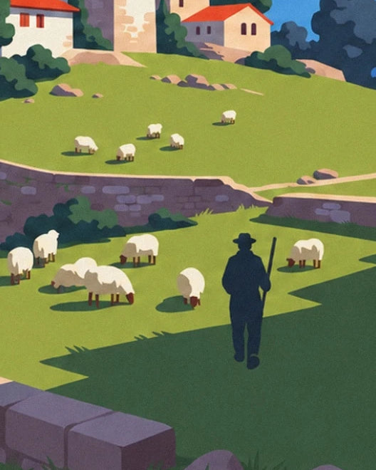 Le berger au chapeau et son bâton parmi les moutons dans les prés verdoyants