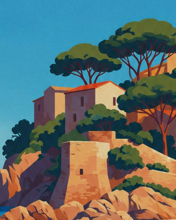 A stone house and its fortified tower perched on the rocks beneath the pines