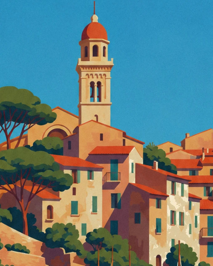 The red-domed bell tower above tiled roofs and umbrella pines