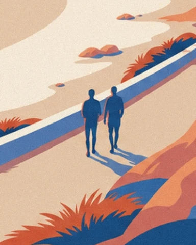 Les 2 promeneurs aux longues ombres sur le chemin bordé d'un muret bleu