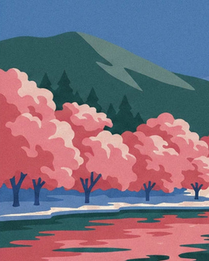 Pink cherry trees in full bloom at the foot of a green hill planted with fir trees