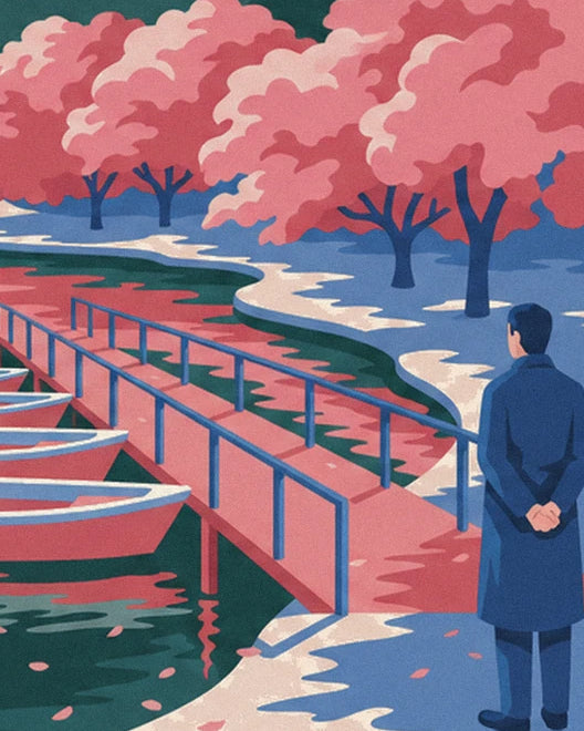A man in a blue coat, hands behind his back, in front of the pink jetty and its rowing boats