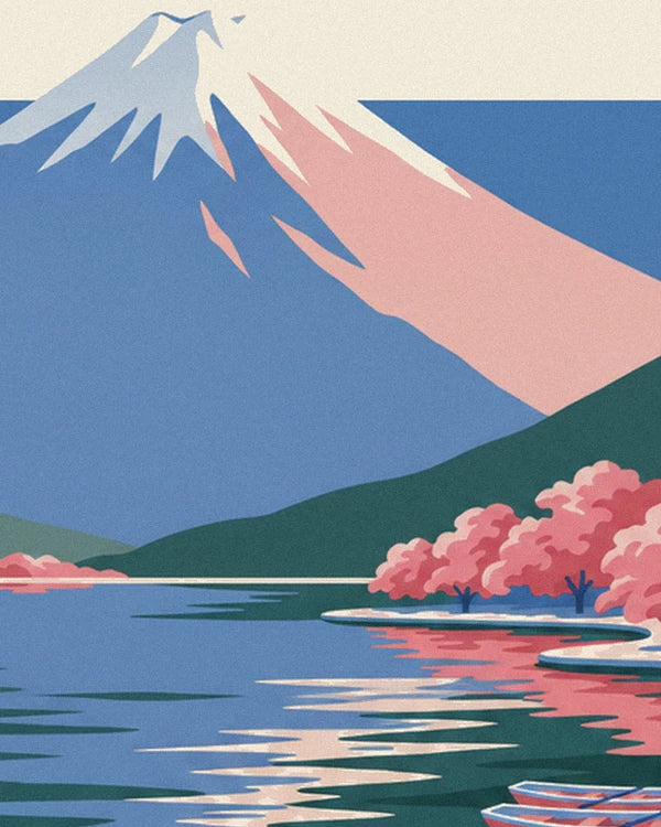 Blue and pink mont Fuji towering over the lake, with cherry blossom along the shore