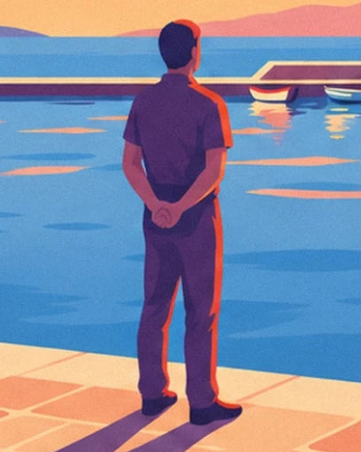 A man seen from behind, hands clasped behind his back, facing the blue sea
