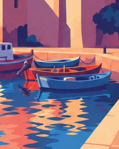 The blue and red boats moored at the quay among golden and pink reflections