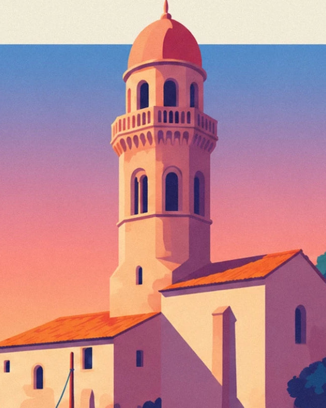 The bell tower of Collioure, with golden façades and orange roofs against a pink sky