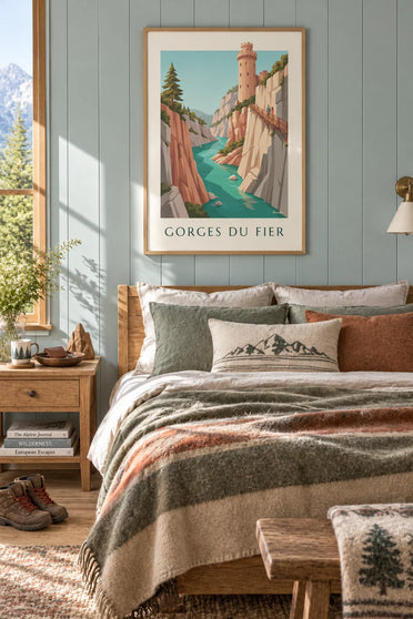 Poster Steg der Gorges du Fier und Château de Montrottier: gerahmt an der Wand