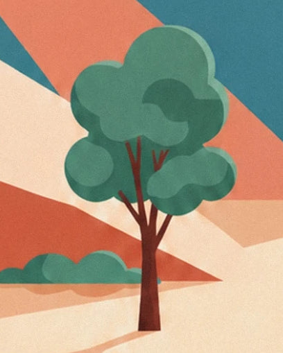 A tree with rounded green foliage and a brown trunk in front of orange hills