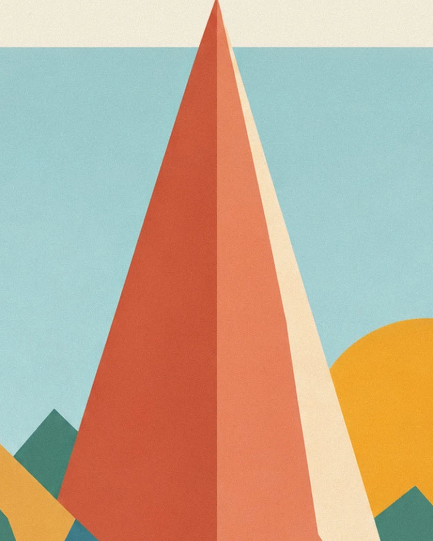 A red and cream geometric peak against a yellow sun and blue sky