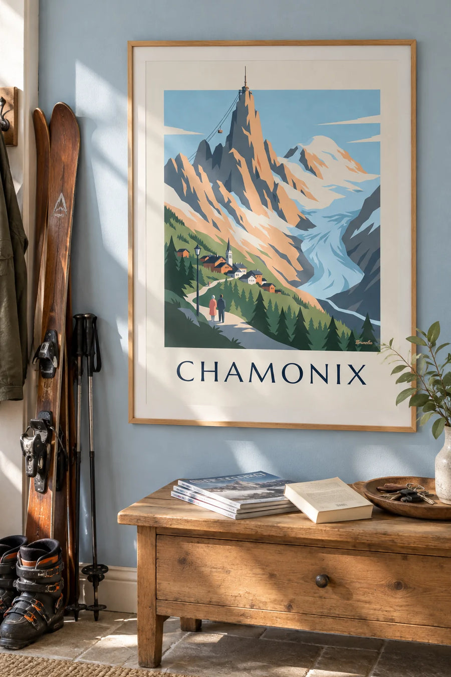 Poster Mont-Blanc-Massiv von Chamonix aus gesehen: gerahmt an der Wand