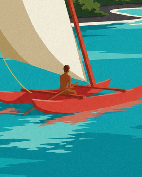 The sailor sitting on the red canoe with its cream sail in the turquoise lagoon