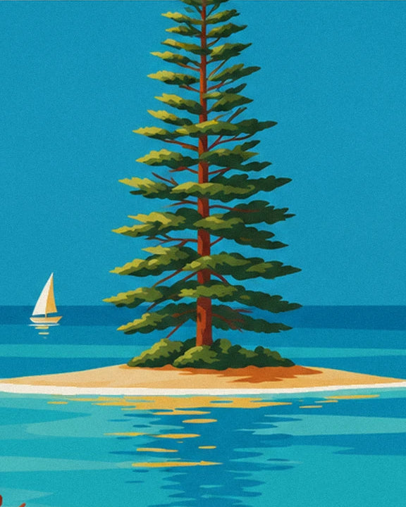 The columnar pine on its islet of golden sand, with a white sailing boat on the horizon