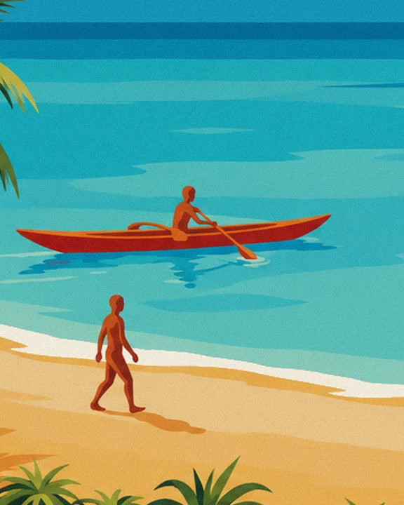 The red canoe and its paddler, with a person walking along the golden sand