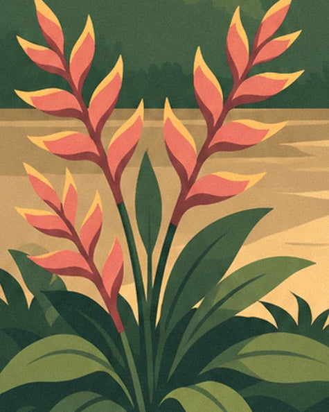 The coral red flowers edged with yellow and their green foliage beside the river