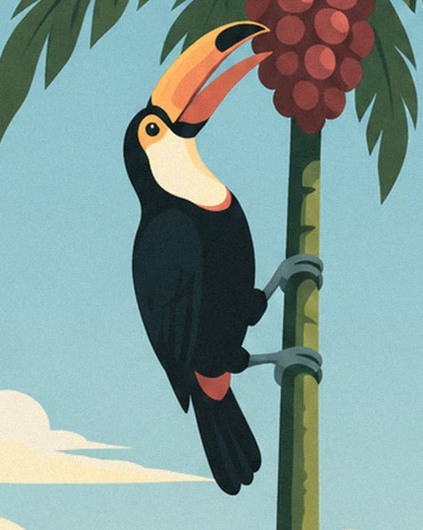 The toucan with black plumage and an orange beak, clinging to the palm tree near the red fruit
