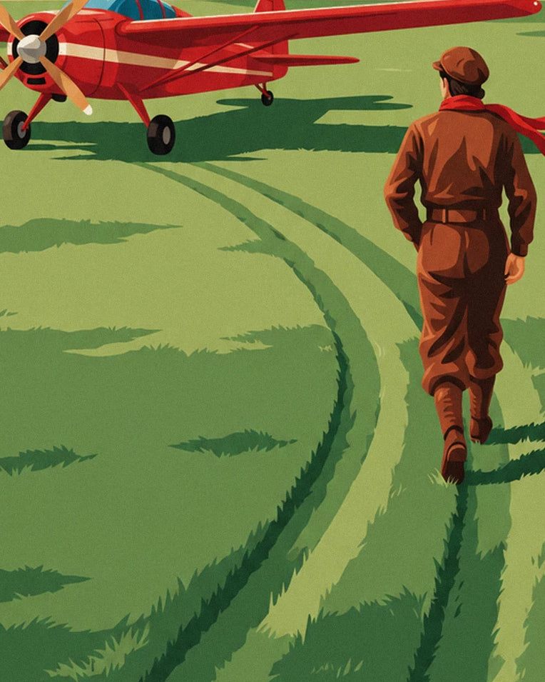 Aviator and red propeller plane on a grass airstrip poster: close-up detail