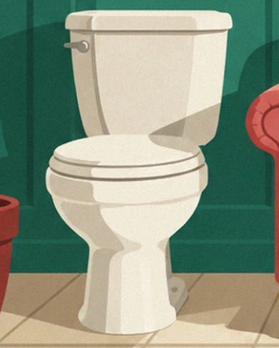Eine weiße Toilette mit geschlossenem Deckel vor einer grünen Wand auf beigen Fliesen