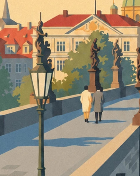 A couple walking across the bridge, between a street lamp and statues on plinths