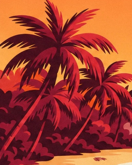 The palm trees with long red and burgundy fronds on the golden sand