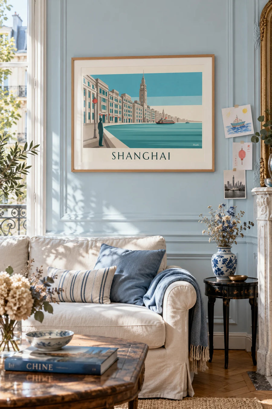 Poster of the Bund waterfront along the Huangpu River in Shanghai: framed on the wall