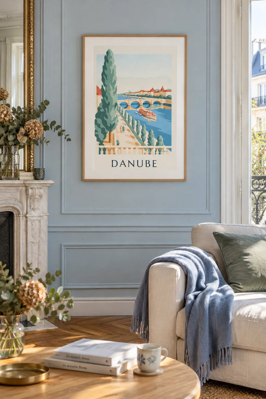 Affiche promenade au bord du Danube et bateau à aubes : encadrée au mur