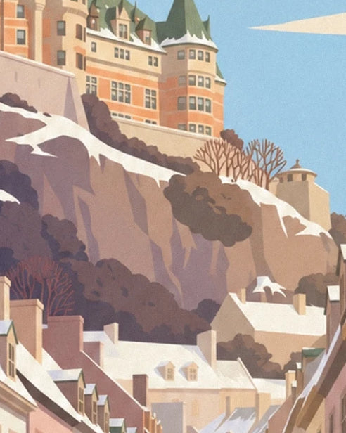 Château Frontenac above the cliff and the snowy rooftops of Petit-Champlain