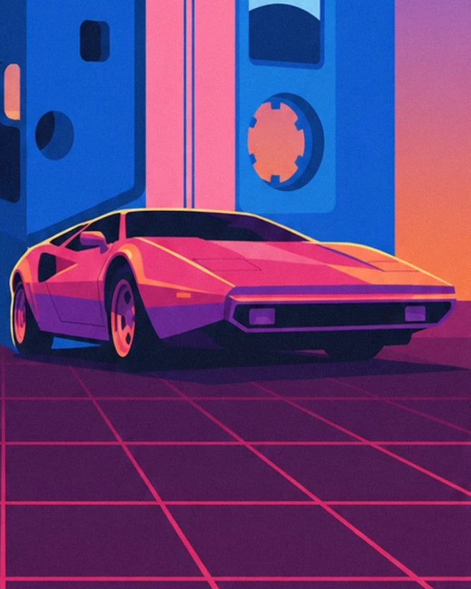 Une voiture de sport rose orangé devant la cassette géante, sur un sol quadrillé
