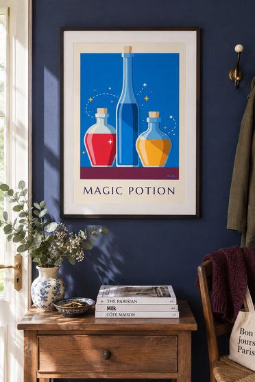 Poster Zaubertrank in Glasfläschchen auf einem Regal: gerahmt an der Wand