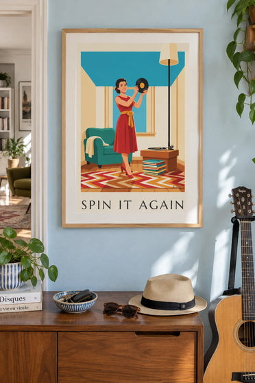 Poster of a smiling woman holding a vinyl record: framed on the wall