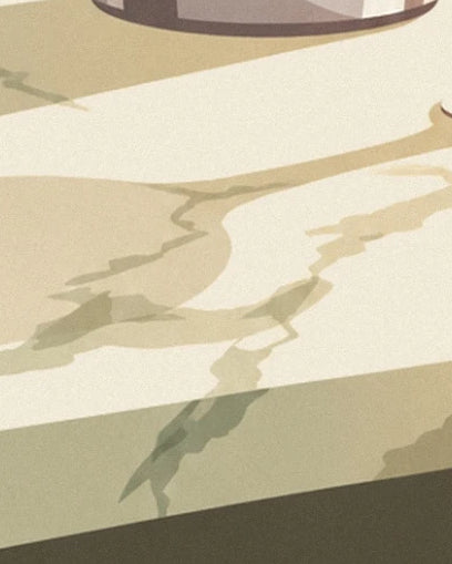 Les ombres allongées des verres sur une table crème aux veinures sinueuses