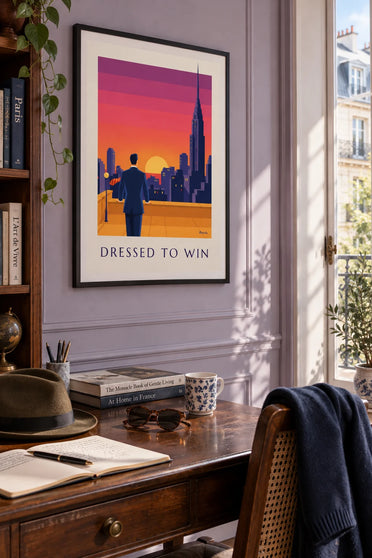 Poster Geschäftsmann mit wehender Krawatte vor dem Sonnenuntergang: gerahmt an der Wand