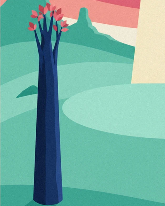 A tree with a blue trunk and pink leaves among mint green hills