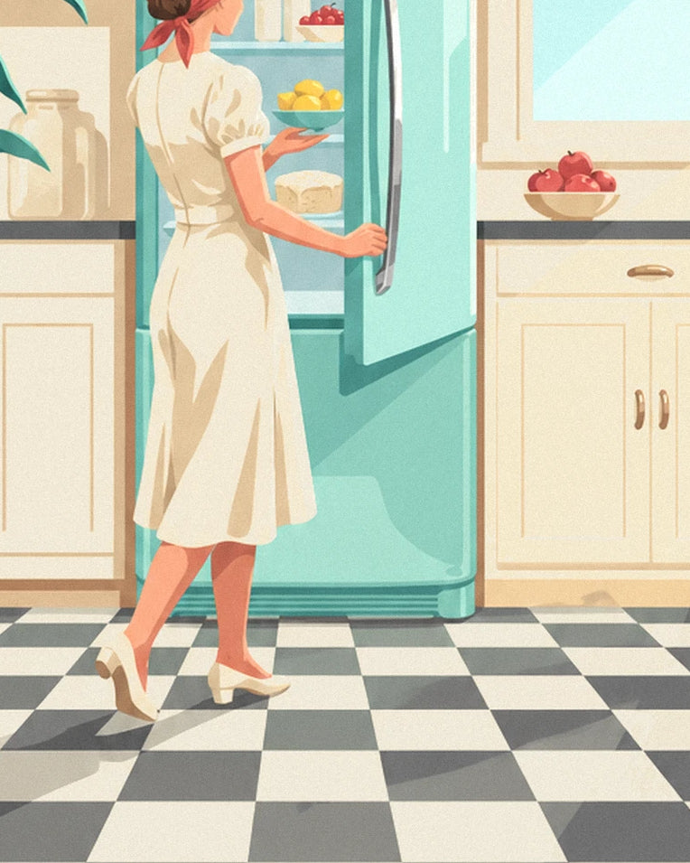 Poster abgerundeter mintgrüner Kühlschrank in einer Küche: Detail in Nahaufnahme