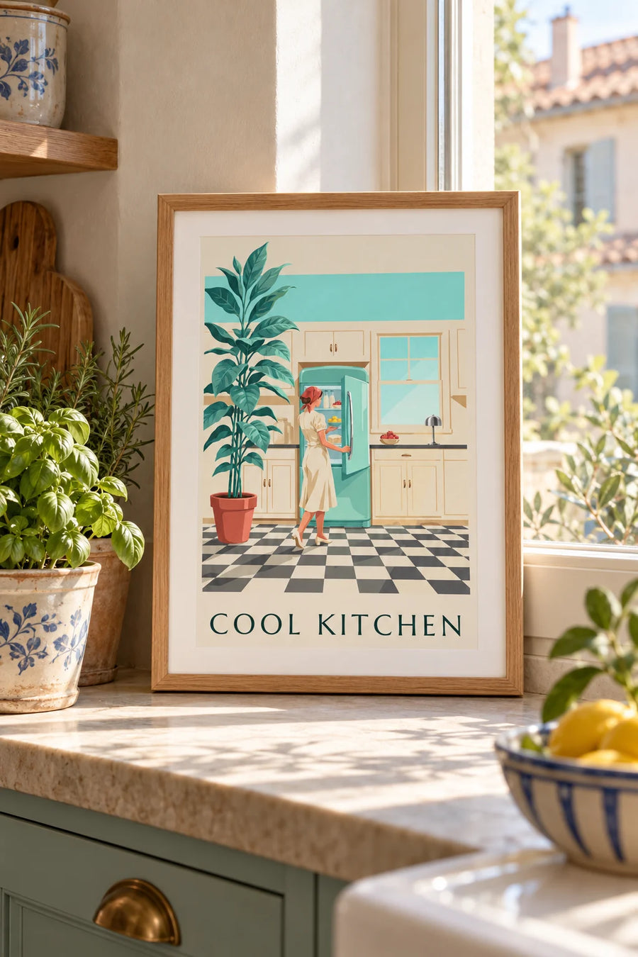 Poster mintgrüner Kühlschrank mit runden Kanten in einer Küche: kleines A4-Format im Rahmen