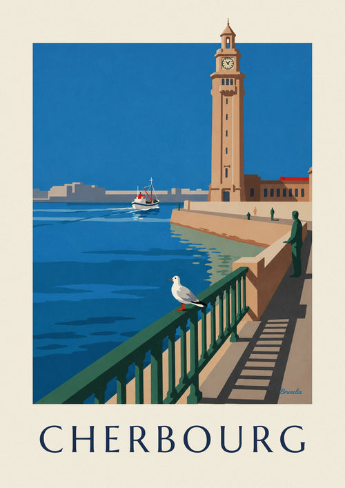 Poster of a seagull and the clock tower of the Cherbourg ferry terminal: the full poster