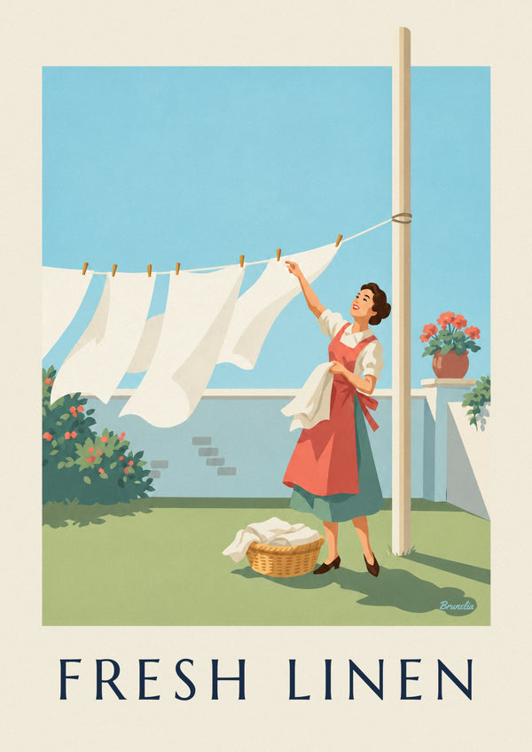 Housewife hanging white laundry in the garden poster