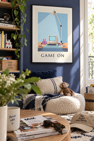 Poster Computer, Disketten und Joysticks unter Neonlicht: gerahmt an der Wand