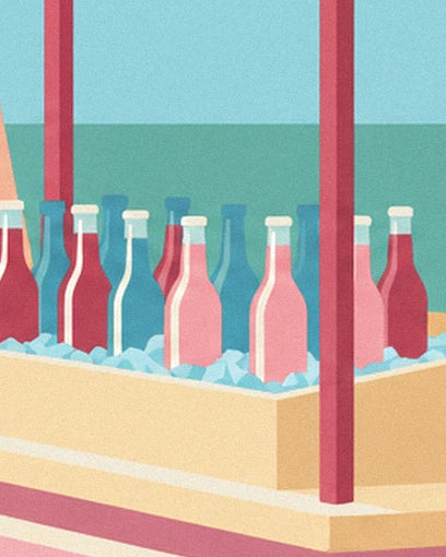 Die rosa, roten und blauen Flaschen im Eis am Soda-Stand