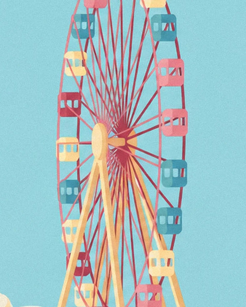 Das Riesenrad mit rosa, gelben und blauen Gondeln vor türkisfarbenem Hintergrund