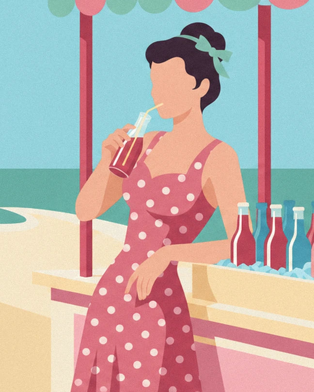 Die Pin-up in einem rosa Kleid mit weißen Punkten, die eine Flasche mit Strohhalm an die Lippen hält