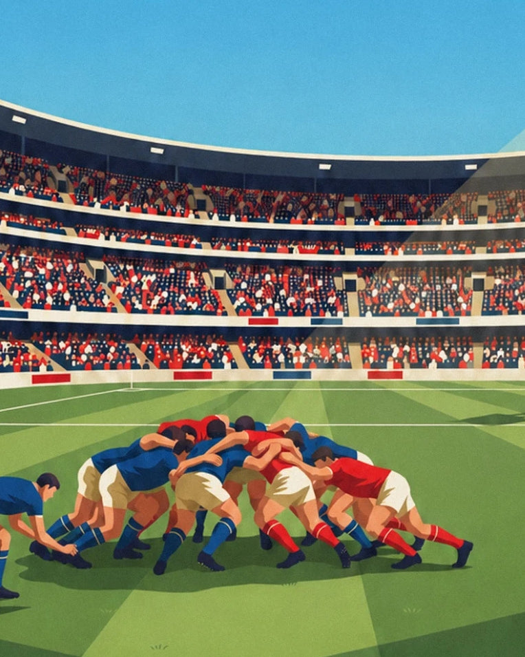 Rugby-Poster: Scrum-Half wirft den Ball aus dem Gedränge: Detail in Nahaufnahme
