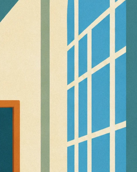 The large window with small blue panes lighting the classroom near the corner of the blackboard