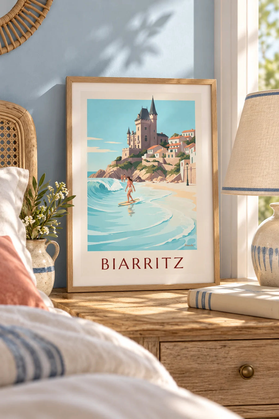 Poster Longboarderin an der Côte des Basques in Biarritz: kleines Format A4 im Rahmen