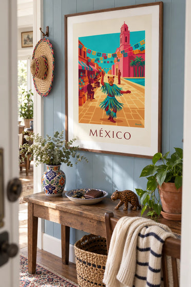 Poster Tänzer mit Jaguarmaske auf einem Platz in Mexiko: gerahmt an der Wand