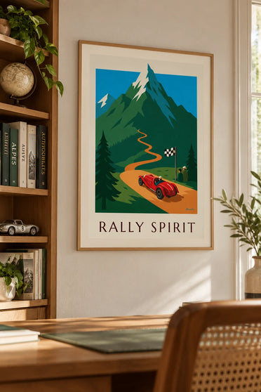 Poster roter Roadster bei einer Bergrallye : gerahmt an der Wand
