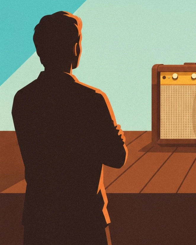 A man seen from behind in a dark jacket facing an ochre amplifier on the club's wooden stage