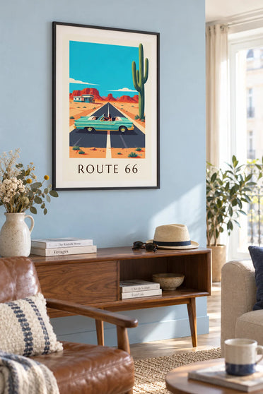 Poster mit Auto auf der Route 66 in der amerikanischen Wüste: gerahmt an der Wand